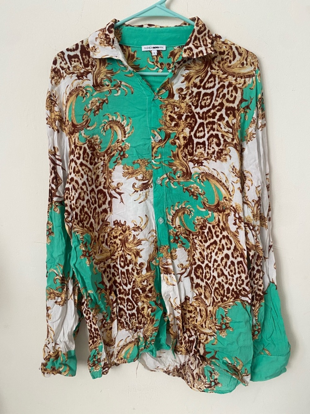 Baroque Animal Print Button-Up Shirt in Teal and Brown